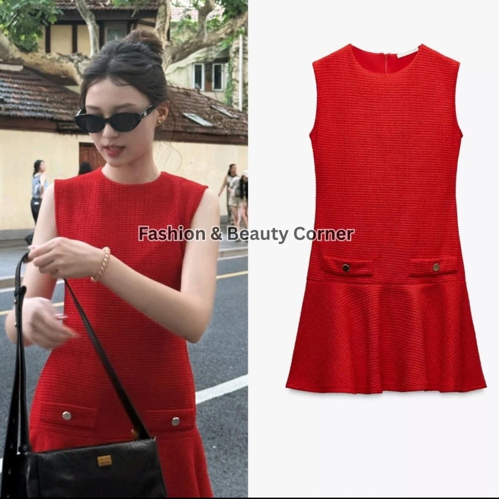 Zara NWT red tweed textured mini dress - Picture 7 of 8